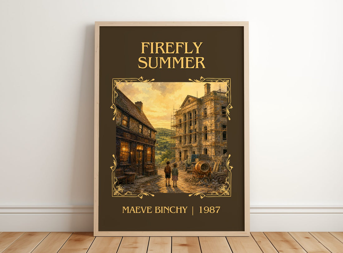 Firefly Summer Classic Book Art Print by Maeve Binchy – framed print leaning on a wooden floor