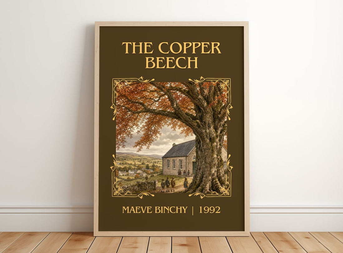 The Copper Beech Classic Book Art Print by Maeve Binchy – framed print leaning on a wooden floor