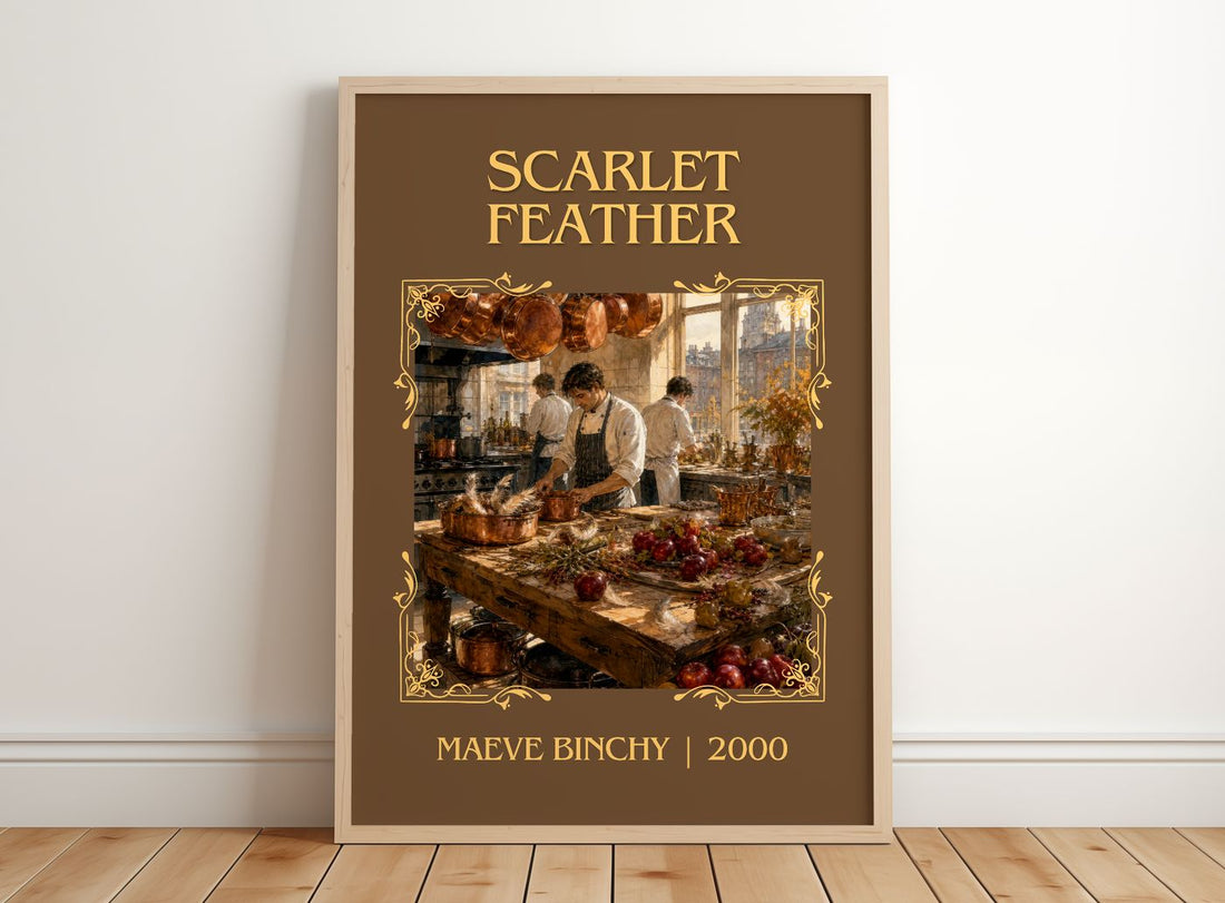 Scarlet Feather Classic Book Art Print by Maeve Binchy – framed print leaning on a wooden floor