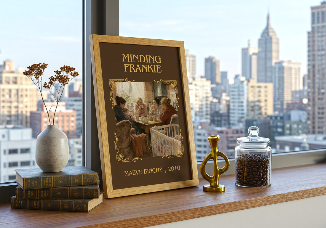 Minding Frankie Classic Book Art Print by Maeve Binchy – framed print on a city-view windowsill
