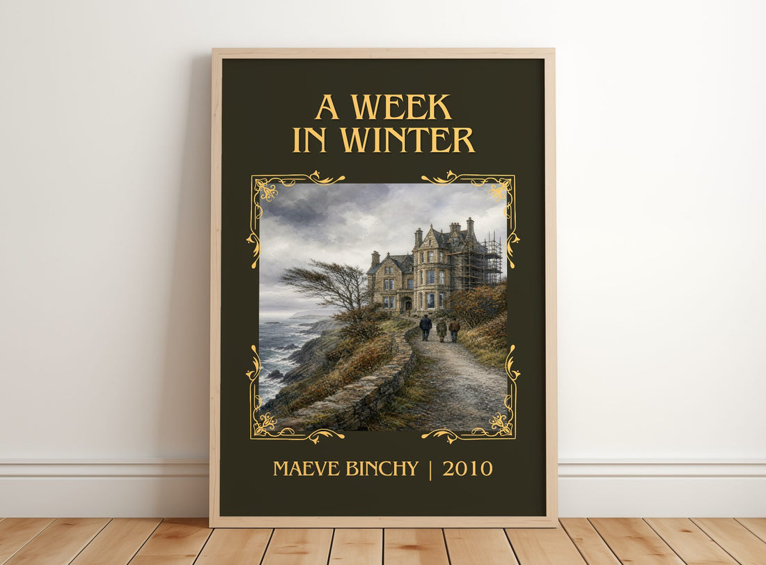 A Week in Winter Classic Book Art Print by Maeve Binchy – framed print leaning on a wooden floor