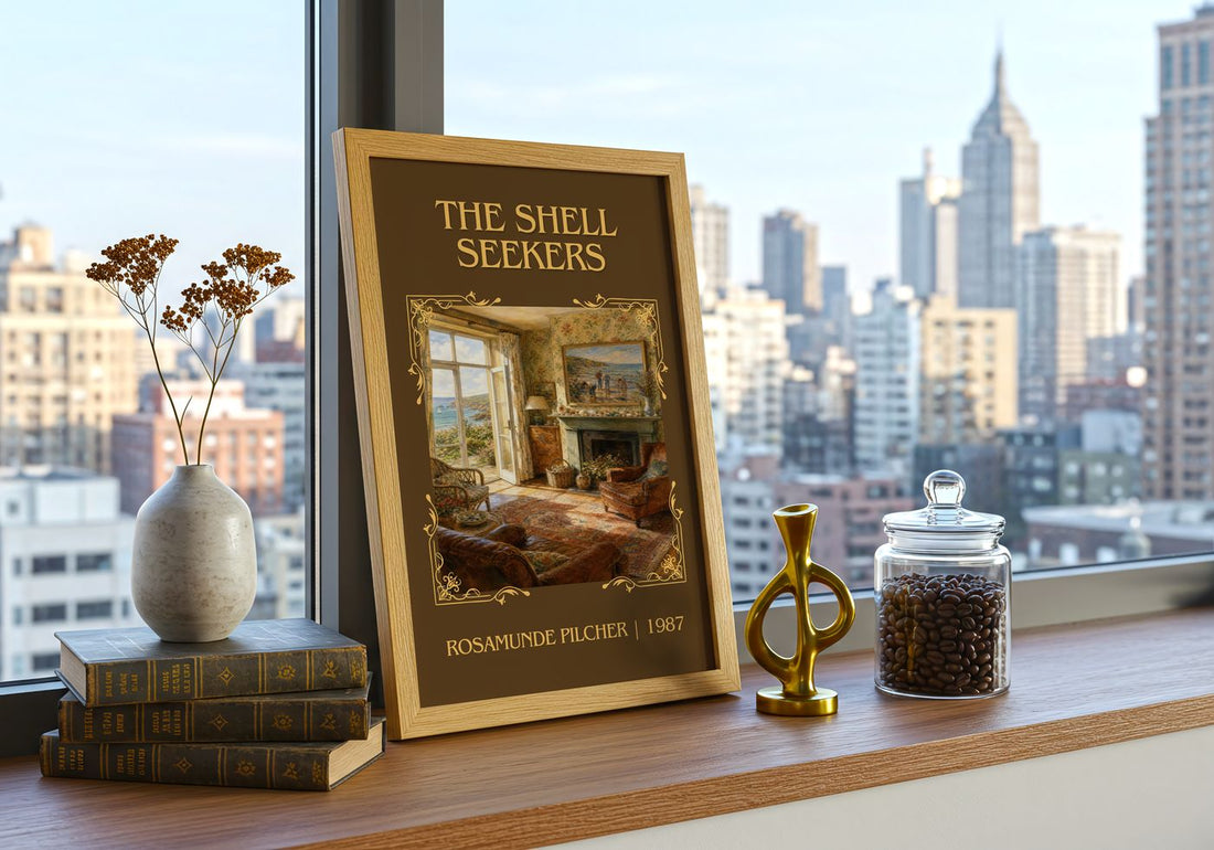 The Shell Seekers Classic Book Art Print by Rosamunde Pilcher – framed print on a city-view windowsill