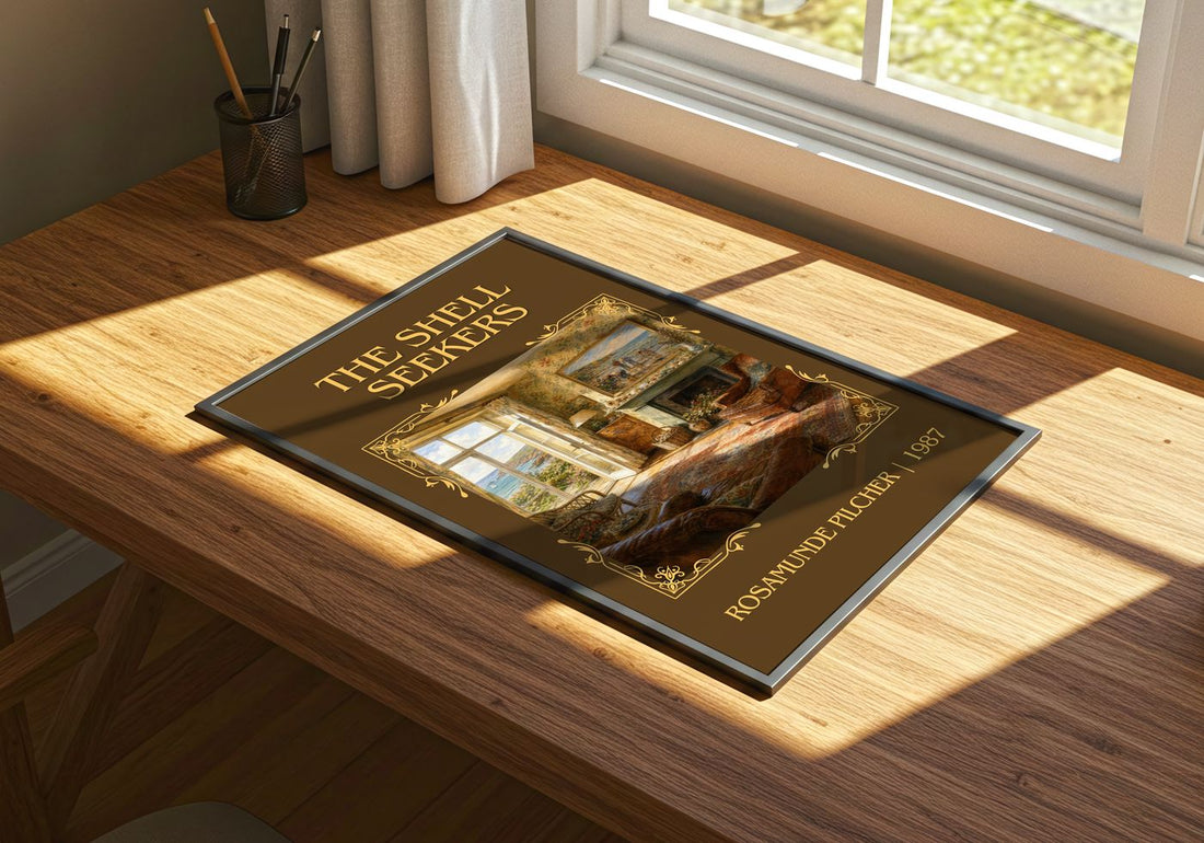 The Shell Seekers Classic Book Art Print by Rosamunde Pilcher – print on a sunlit desk
