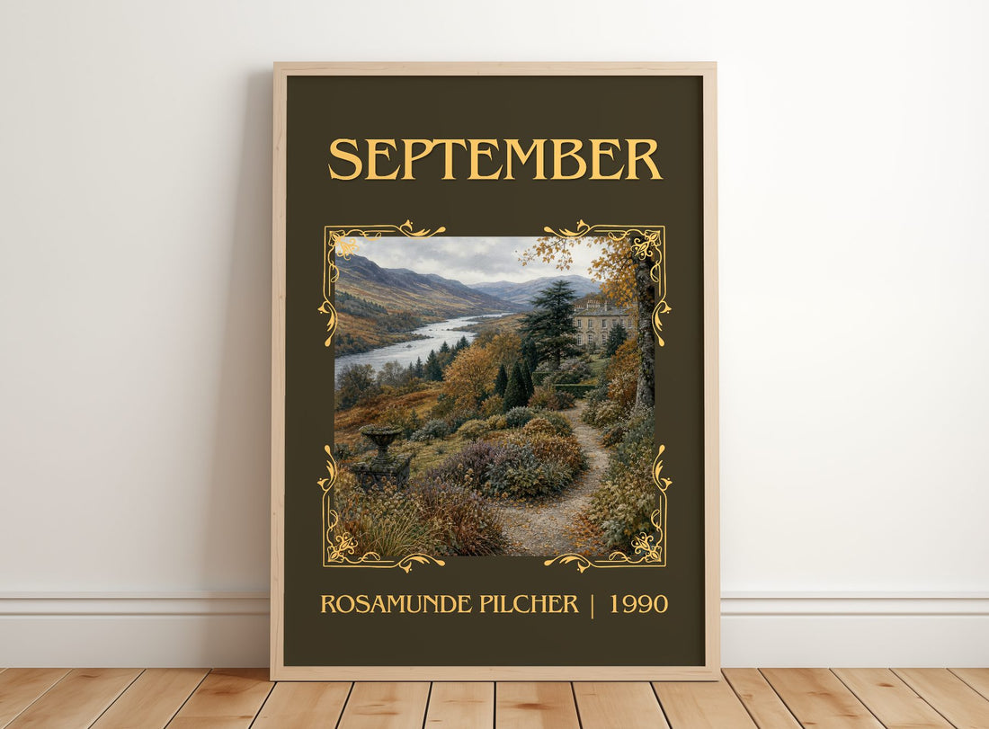 September Classic Book Art Print by Rosamunde Pilcher – framed print leaning on a wooden floor