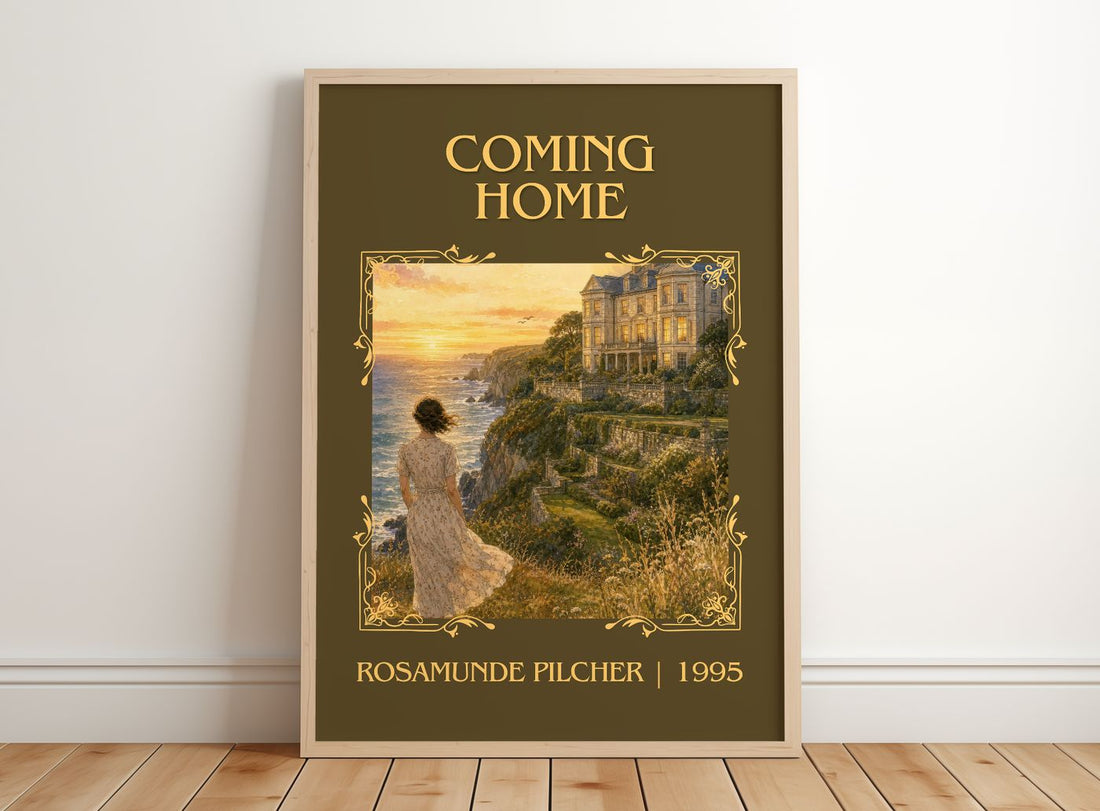 Coming Home Classic Book Art Print by Rosamunde Pilcher – framed print leaning on a wooden floor
