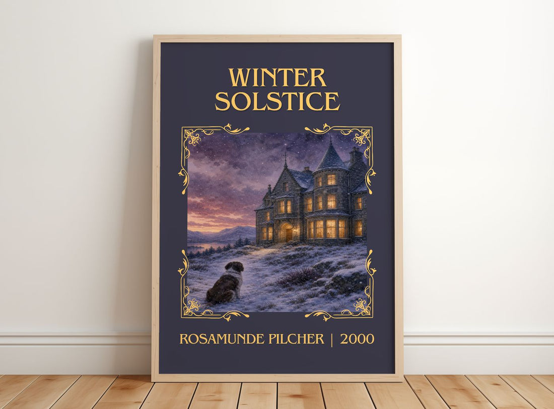 Winter Solstice Classic Book Art Print by Rosamunde Pilcher – framed print leaning on a wooden floor
