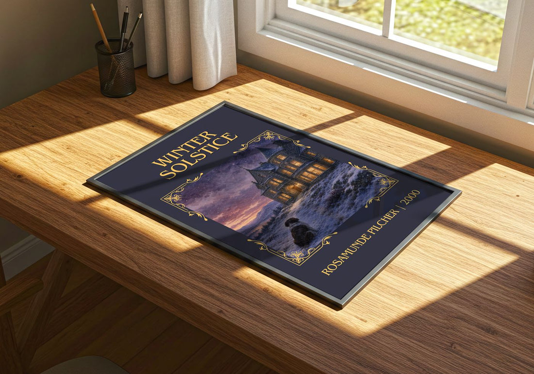 Winter Solstice Classic Book Art Print by Rosamunde Pilcher – print on a sunlit desk
