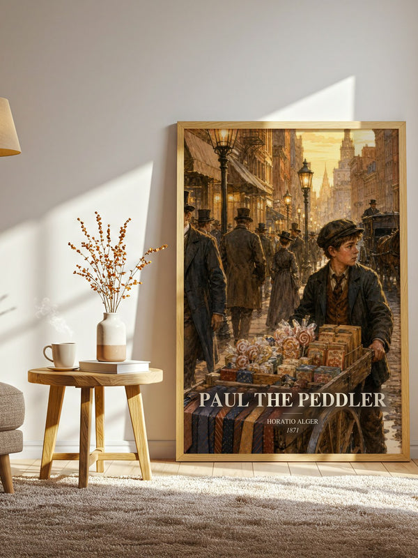 Paul The Peddler watercolour print in frame leaning in hallway – childrens wall art