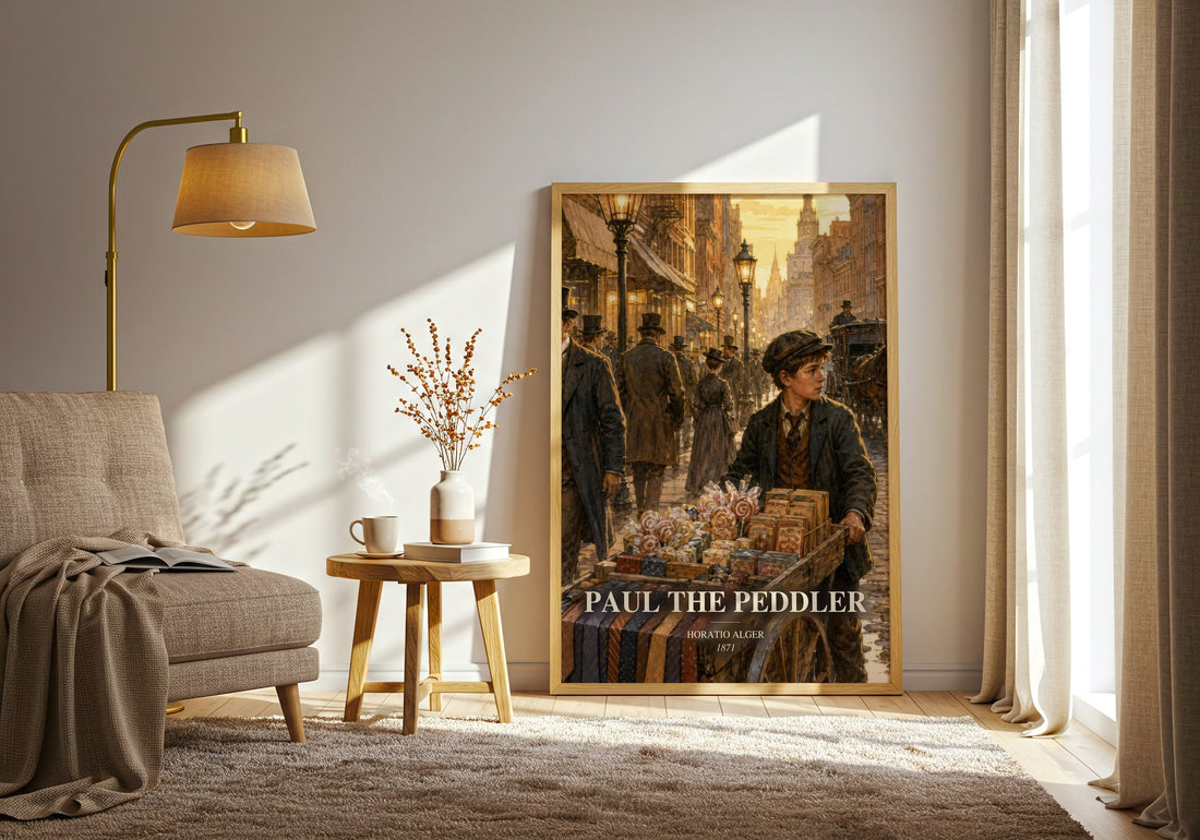 Paul The Peddler watercolour print in frame leaning in hallway – childrens wall art (mockup)