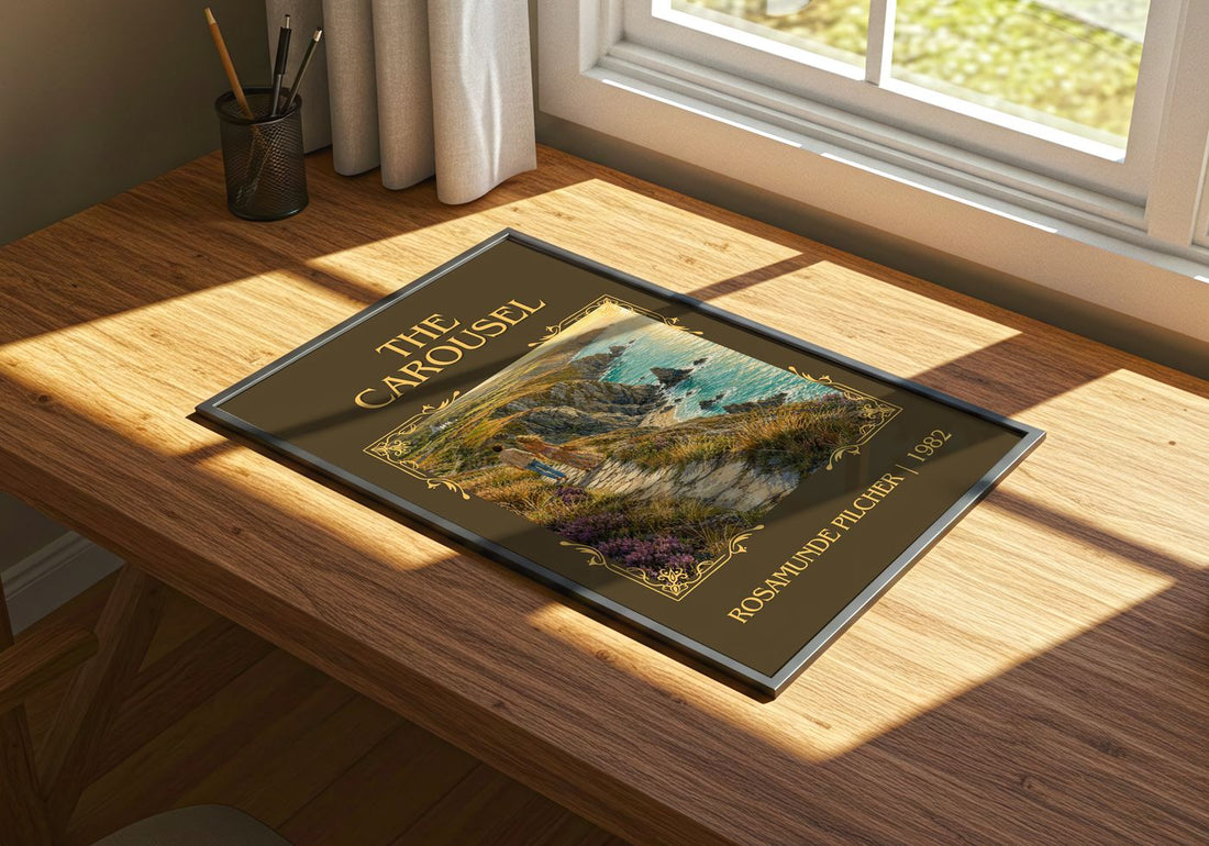 The Carousel Classic Book Art Print by Rosamunde Pilcher – print on a sunlit desk