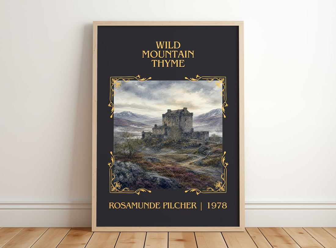Wild Mountain Thyme Classic Book Art Print by Rosamunde Pilcher – framed print leaning on a wooden floor