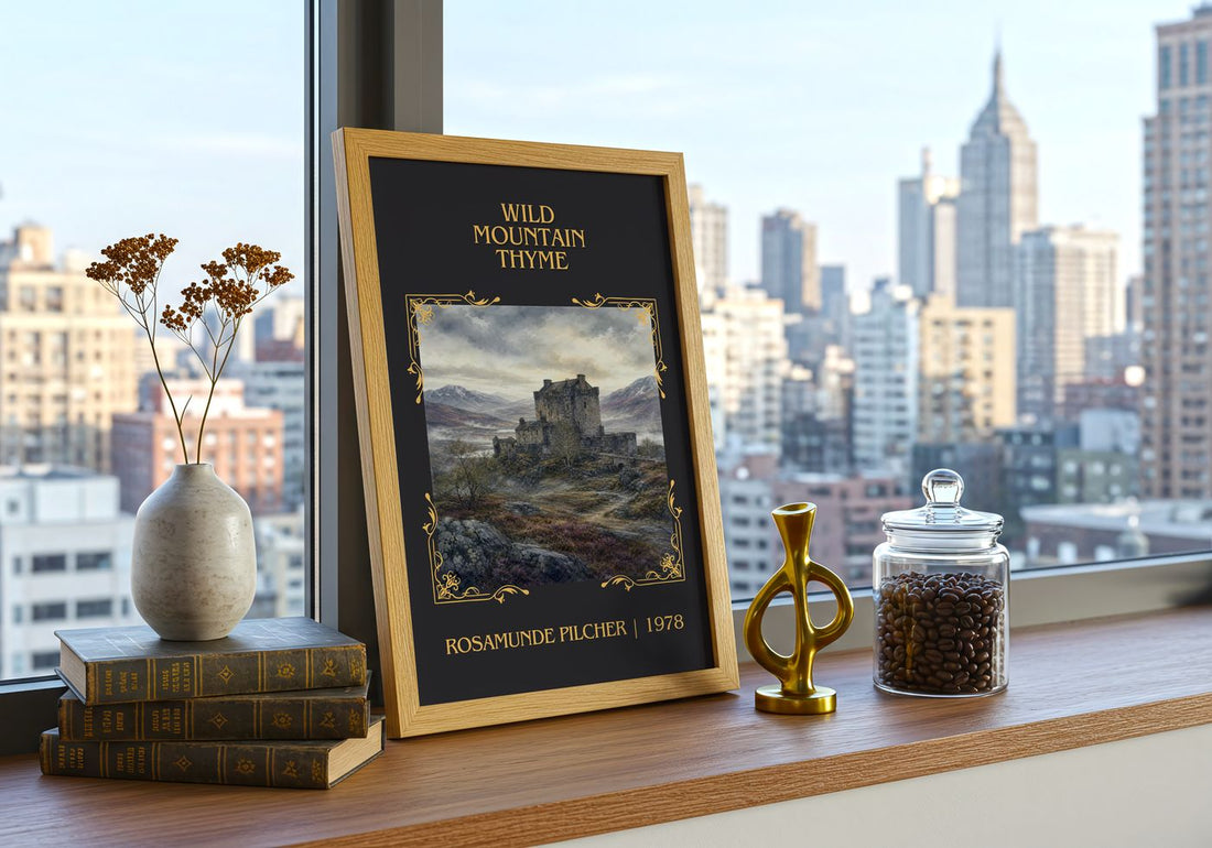 Wild Mountain Thyme Classic Book Art Print by Rosamunde Pilcher – framed print on a city-view windowsill