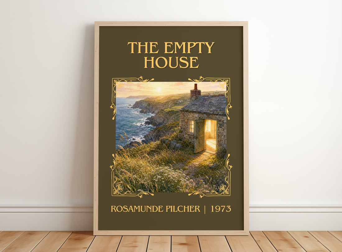 The Empty House Classic Book Art Print by Rosamunde Pilcher – framed print leaning on a wooden floor