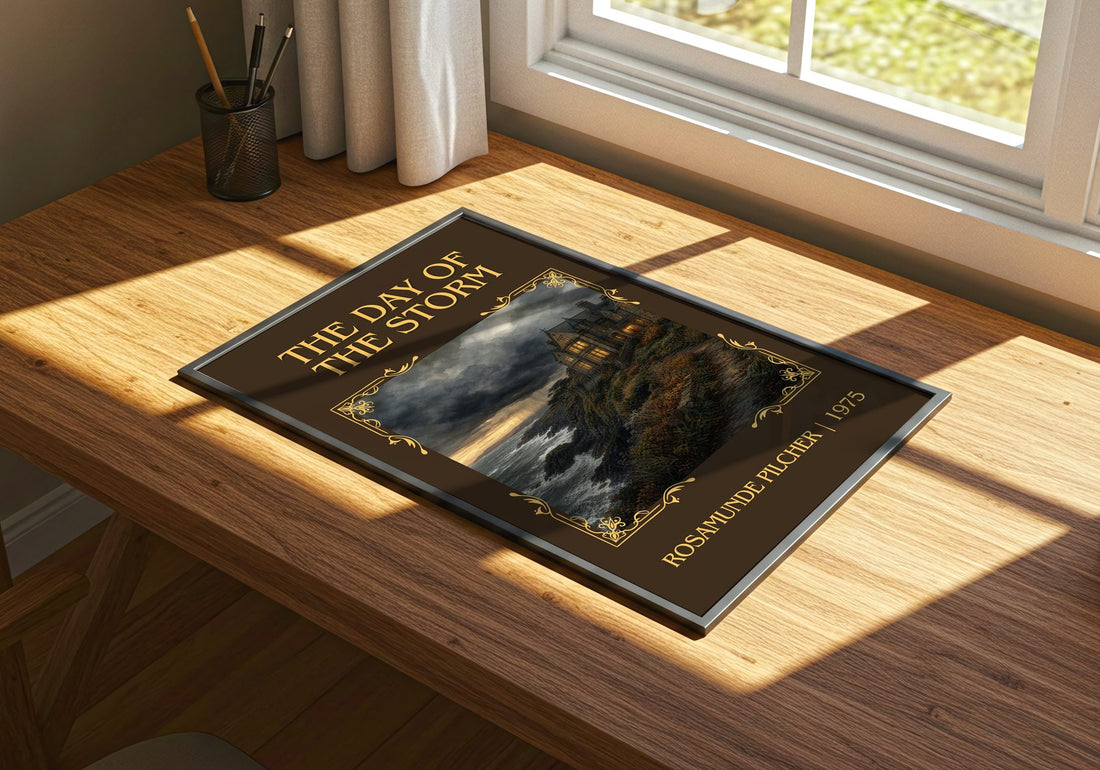 The Day of the Storm Classic Book Art Print by Rosamunde Pilcher – print on a sunlit desk