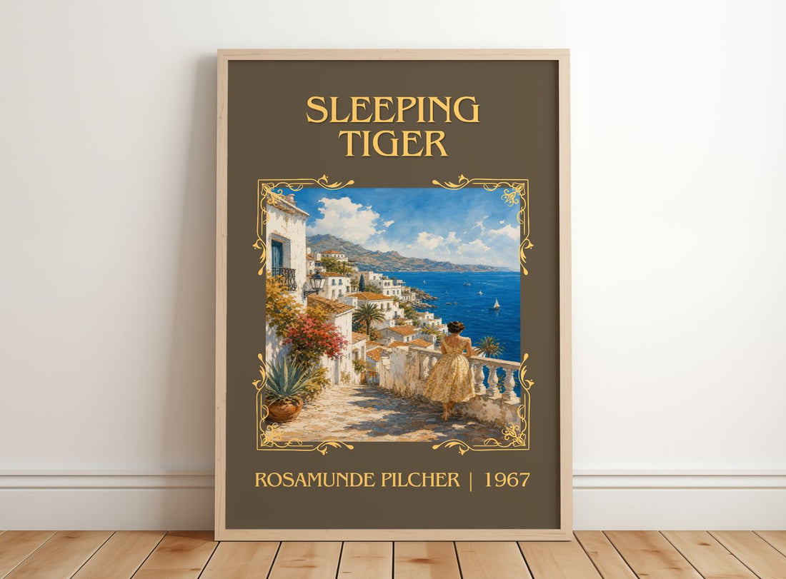 Sleeping Tiger Classic Book Art Print by Rosamunde Pilcher – framed print leaning on a wooden floor