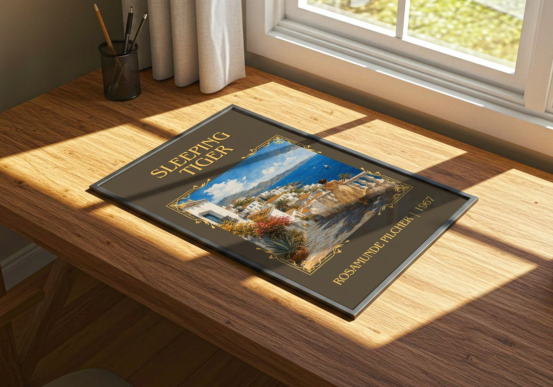 Sleeping Tiger Classic Book Art Print by Rosamunde Pilcher – print on a sunlit desk