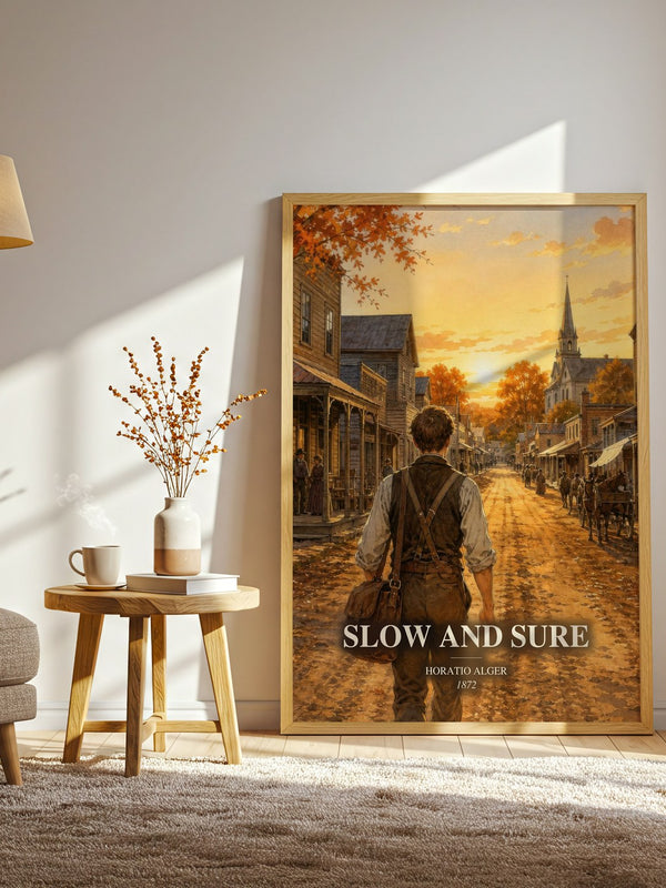 Slow And Sure watercolour print in frame leaning in hallway – childrens wall art