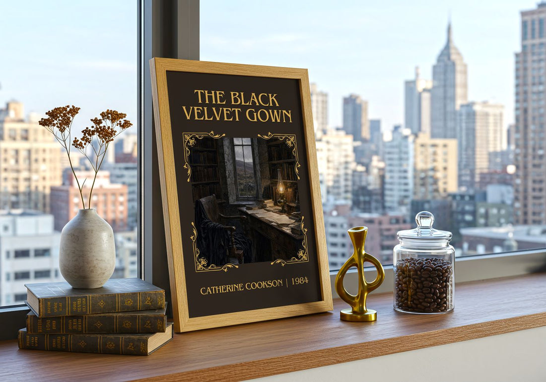 The Black Velvet Gown Classic Book Art Print by Catherine Cookson – framed print on a city-view windowsill
