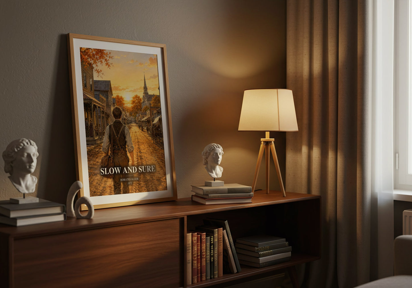 Slow And Sure watercolour print on bookshelf – Horatio Alger fan gift