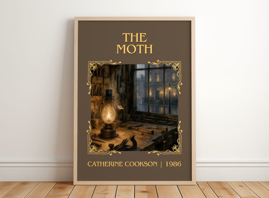 The Moth Classic Book Art Print by Catherine Cookson – framed print leaning on a wooden floor