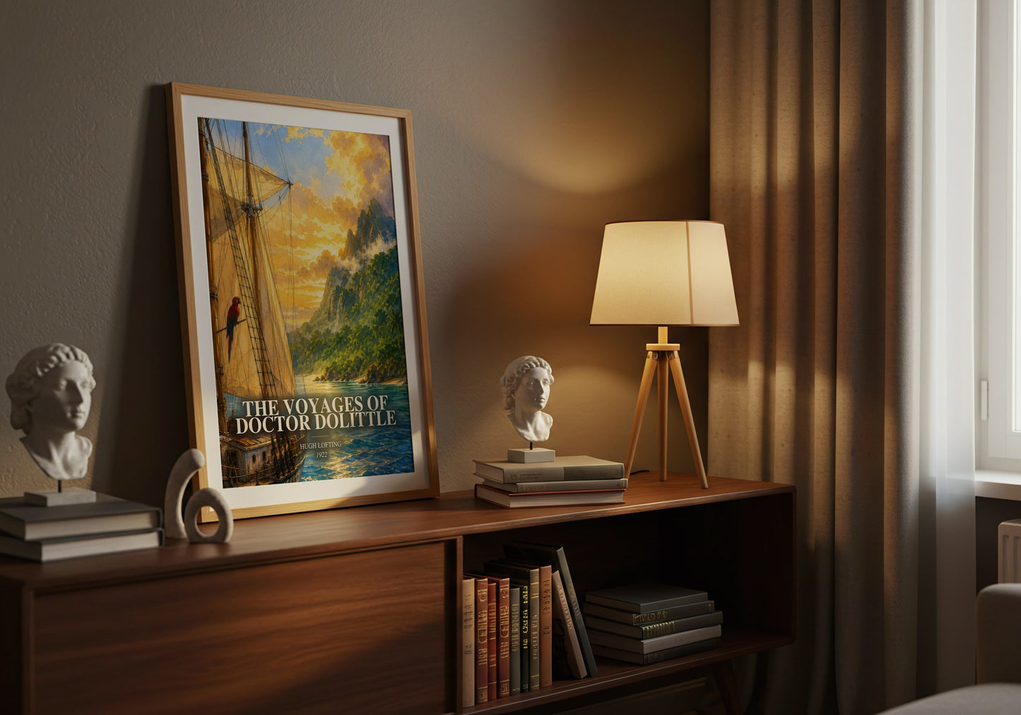 The Voyages Of Doctor Dolittle watercolour print on bookshelf – Hugh Lofting fan gift
