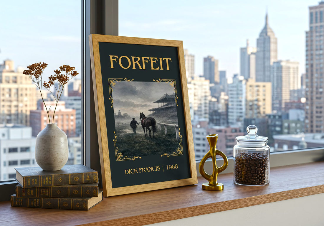 Forfeit Classic Book Art Print by Dick Francis – framed print on a city-view windowsill