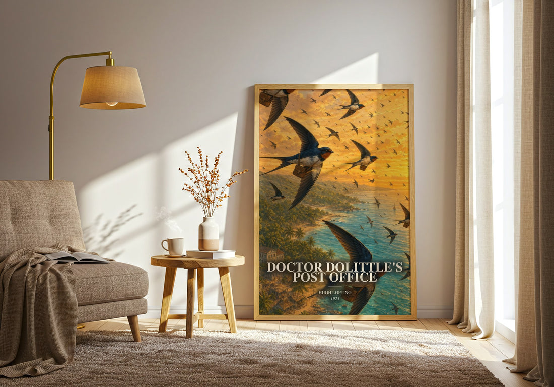 Doctor Dolittle'S Post Office watercolour print in frame leaning in hallway – childrens wall art (mockup)