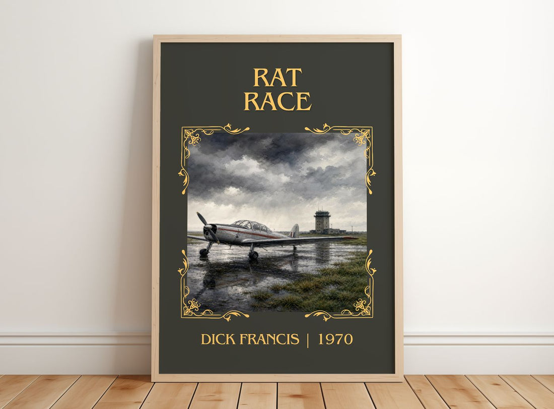 Rat Race Classic Book Art Print by Dick Francis – framed print leaning on a wooden floor