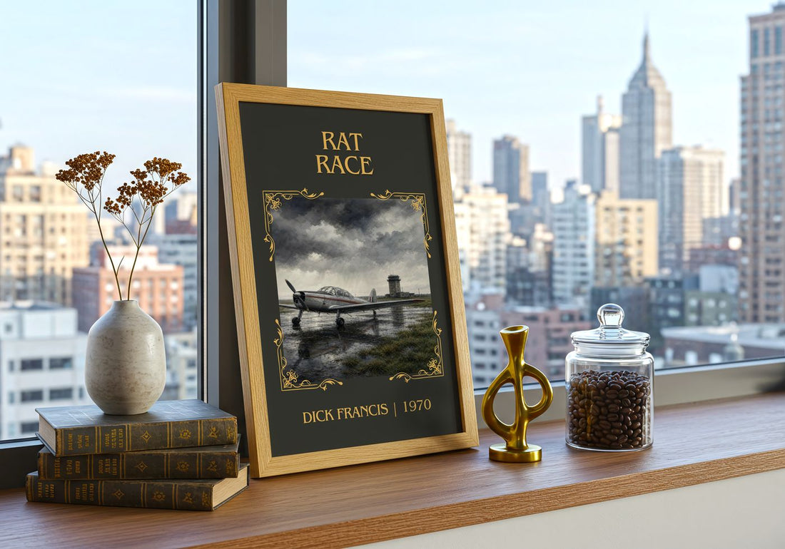 Rat Race Classic Book Art Print by Dick Francis – framed print on a city-view windowsill