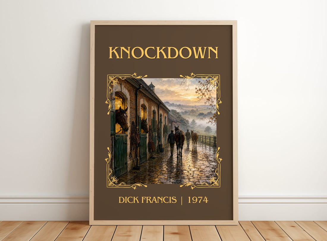 Knockdown Classic Book Art Print by Dick Francis – framed print leaning on a wooden floor