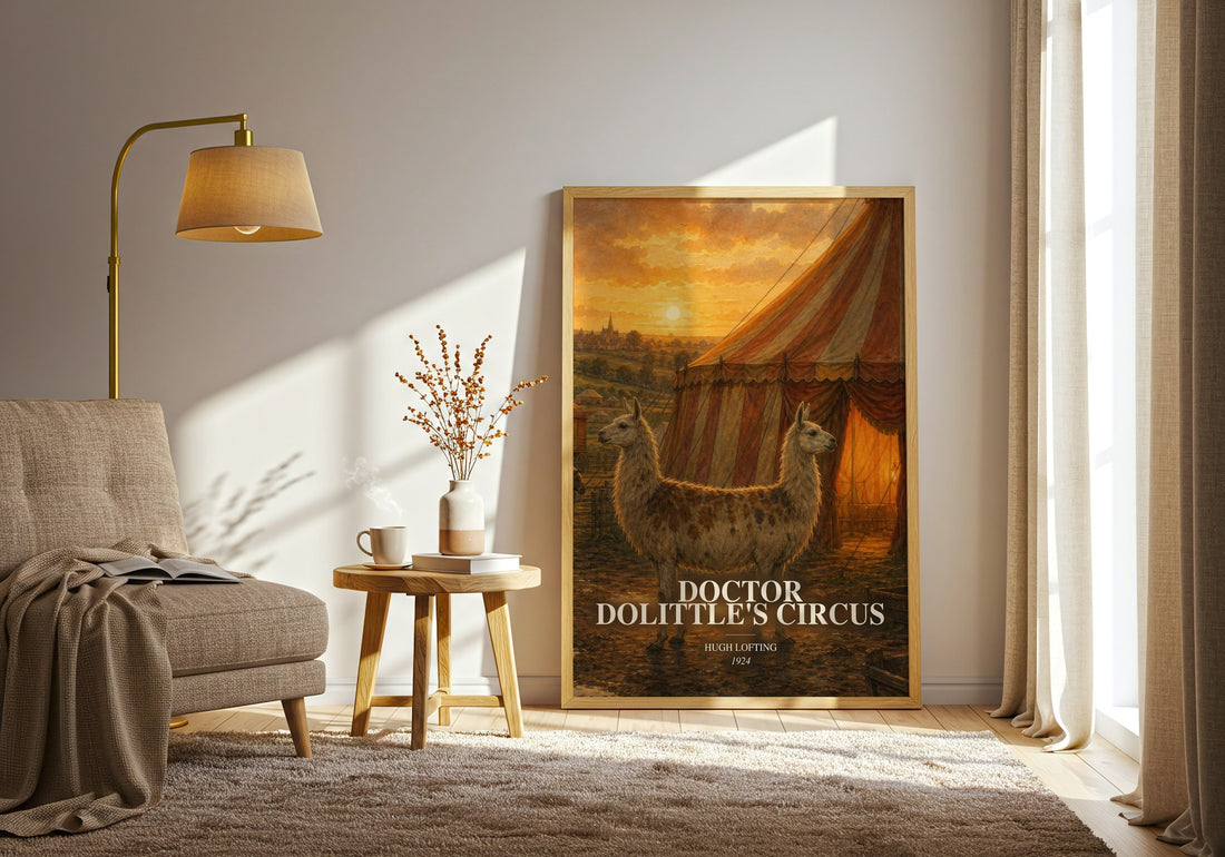 Doctor Dolittle'S Circus watercolour print in frame leaning in hallway – childrens wall art (mockup)