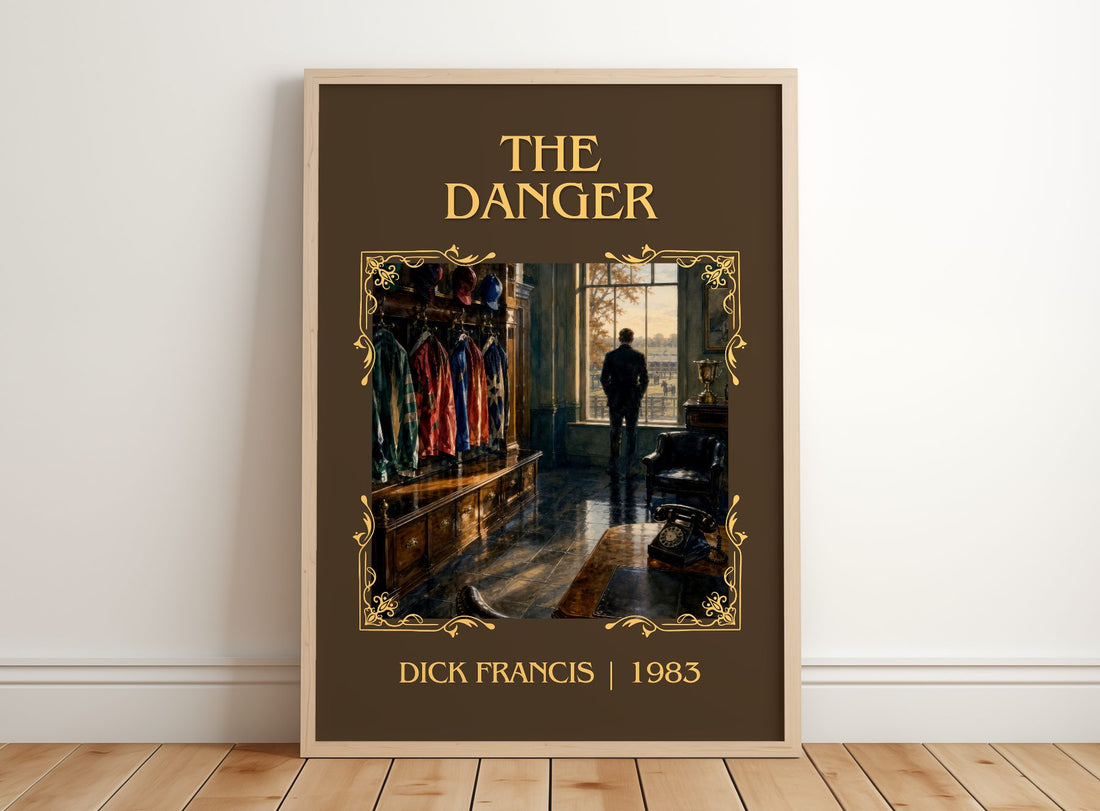 The Danger Classic Book Art Print by Dick Francis – framed print leaning on a wooden floor