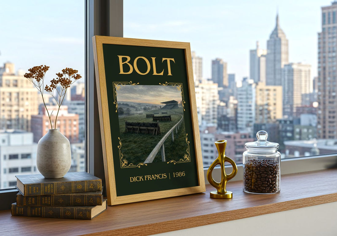 Bolt Classic Book Art Print by Dick Francis – framed print on a city-view windowsill