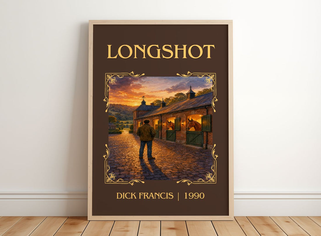 Longshot Classic Book Art Print by Dick Francis – framed print leaning on a wooden floor