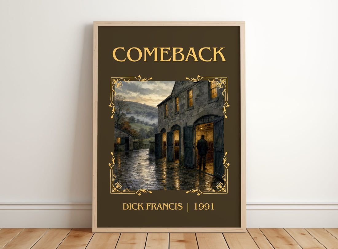 Comeback Classic Book Art Print by Dick Francis – framed print leaning on a wooden floor
