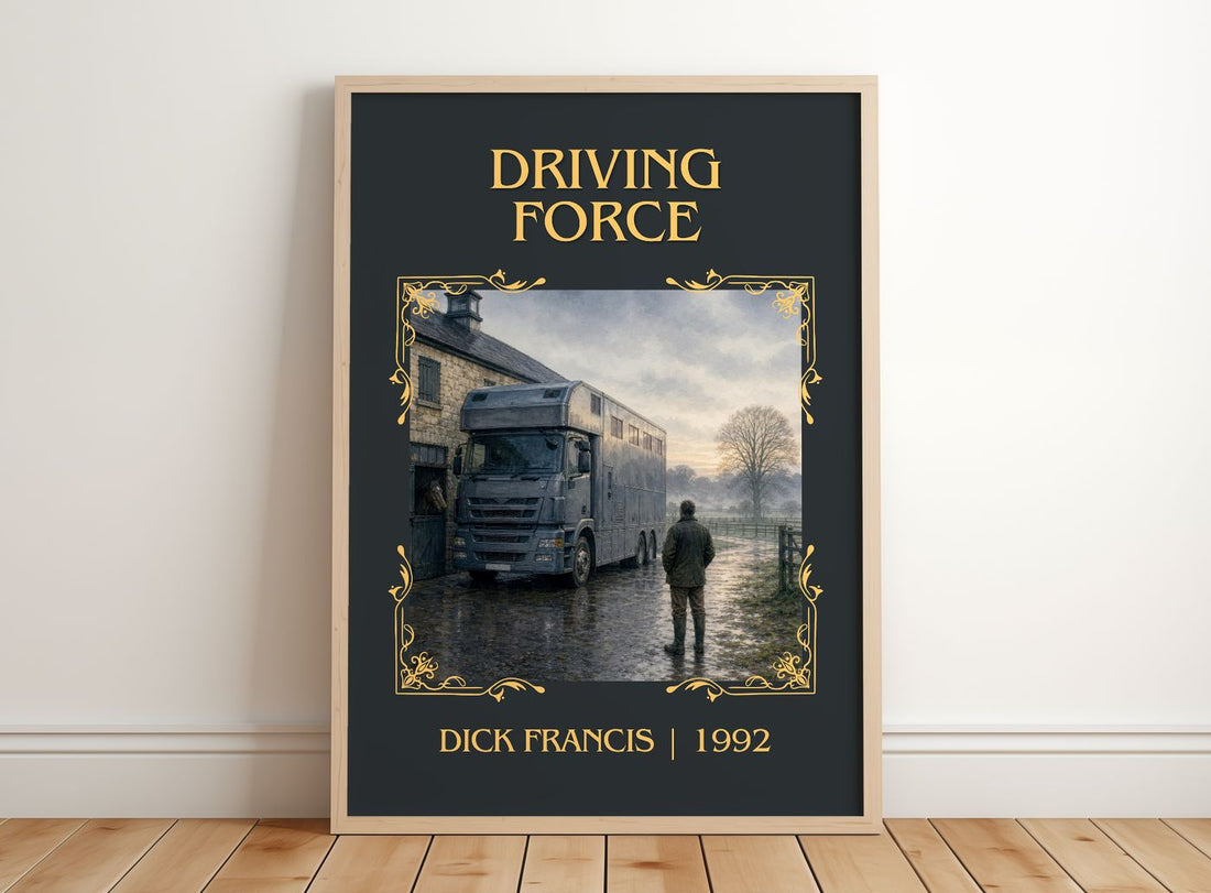 Driving Force Classic Book Art Print by Dick Francis – framed print leaning on a wooden floor