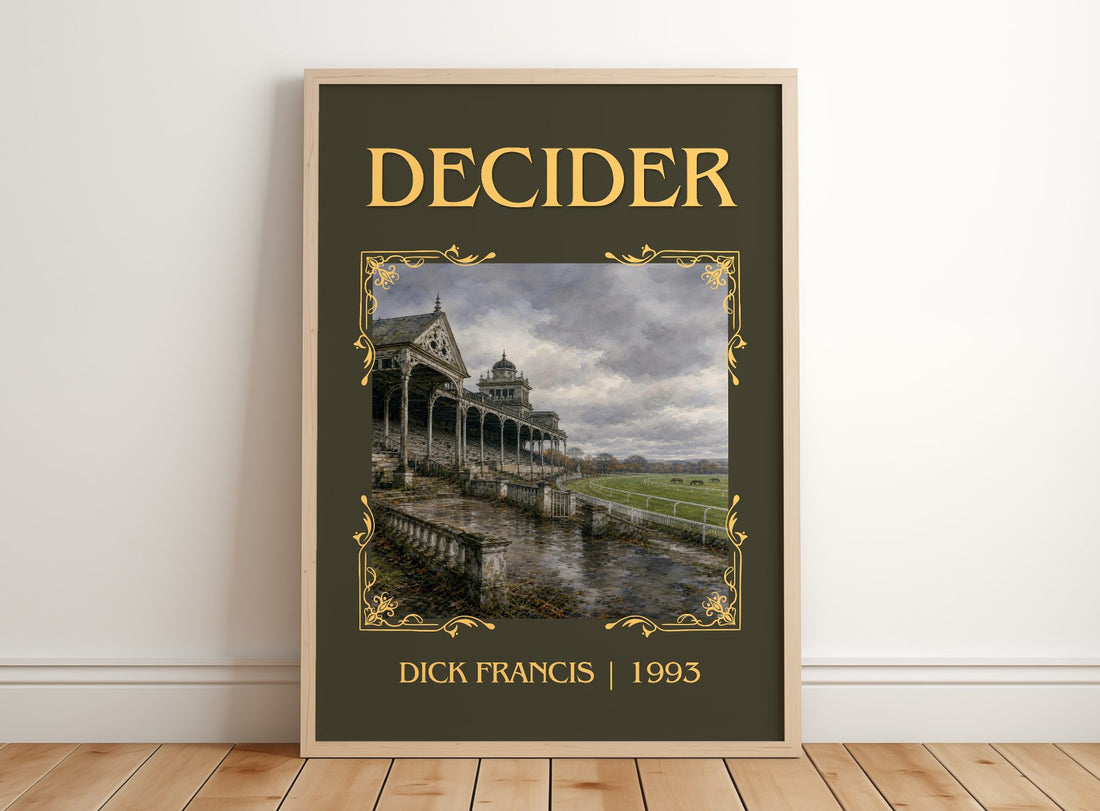 Decider Classic Book Art Print by Dick Francis – framed print leaning on a wooden floor