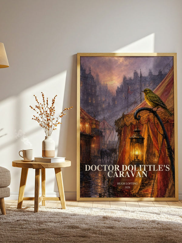 Doctor Dolittle'S Caravan watercolour print in frame leaning in hallway – childrens wall art