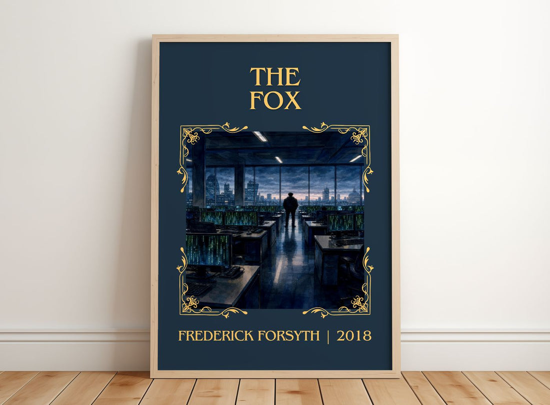 The Fox Classic Book Art Print by Frederick Forsyth – framed print leaning on a wooden floor