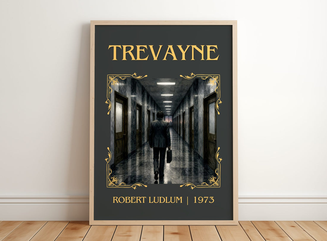 Trevayne Classic Book Art Print by Robert Ludlum – framed print leaning on a wooden floor