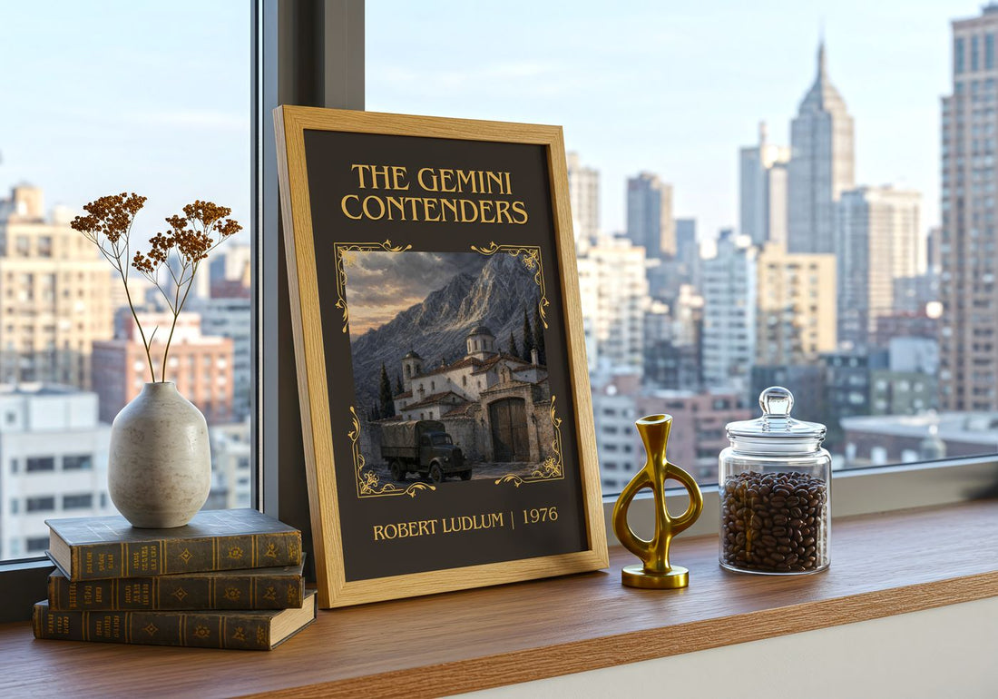 The Gemini Contenders Classic Book Art Print by Robert Ludlum – framed print on a city-view windowsill