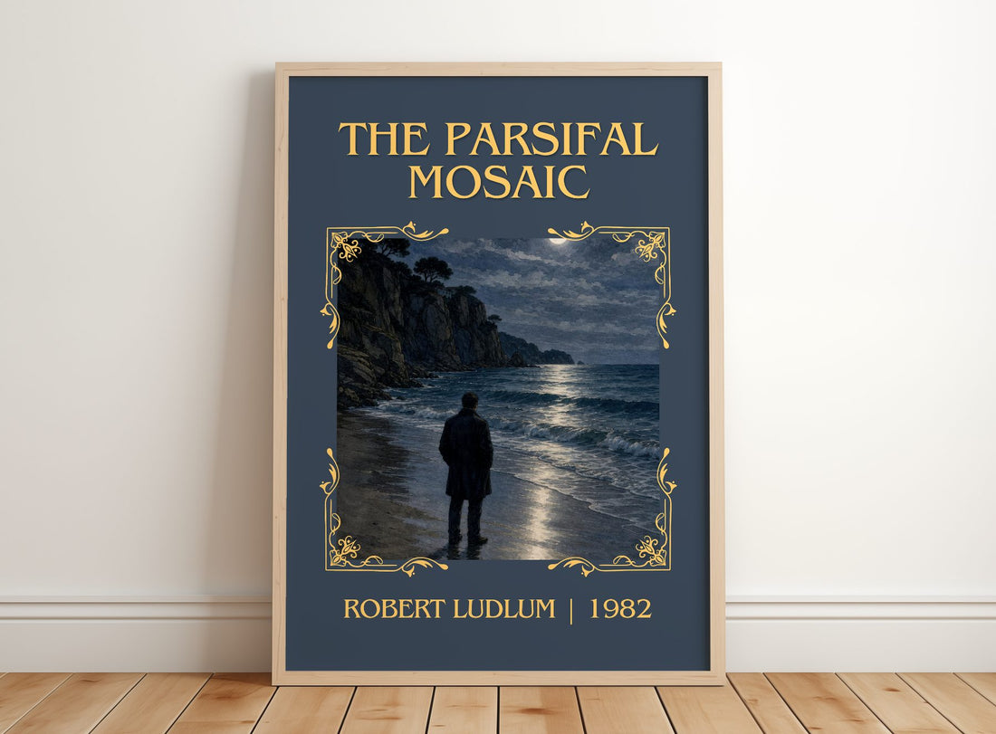 The Parsifal Mosaic Classic Book Art Print by Robert Ludlum – framed print leaning on a wooden floor