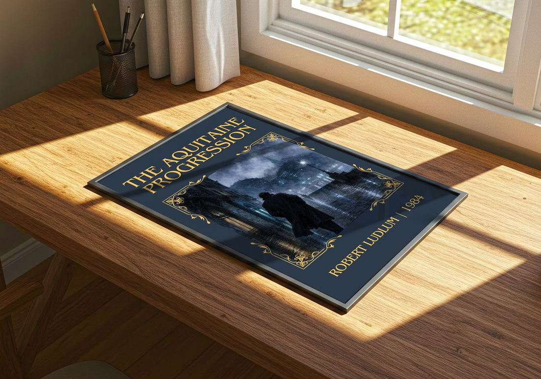 The Aquitaine Progression Classic Book Art Print by Robert Ludlum – print on a sunlit desk