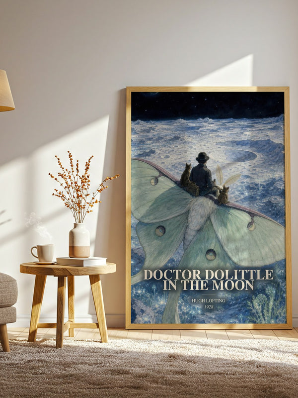 Doctor Dolittle In The Moon watercolour print in frame leaning in hallway – childrens wall art