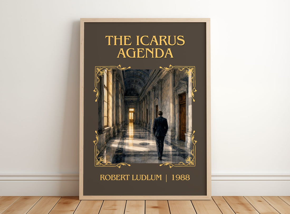 The Icarus Agenda Classic Book Art Print by Robert Ludlum – framed print leaning on a wooden floor