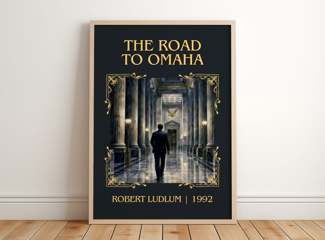 The Road to Omaha Classic Book Art Print by Robert Ludlum – framed print leaning on a wooden floor