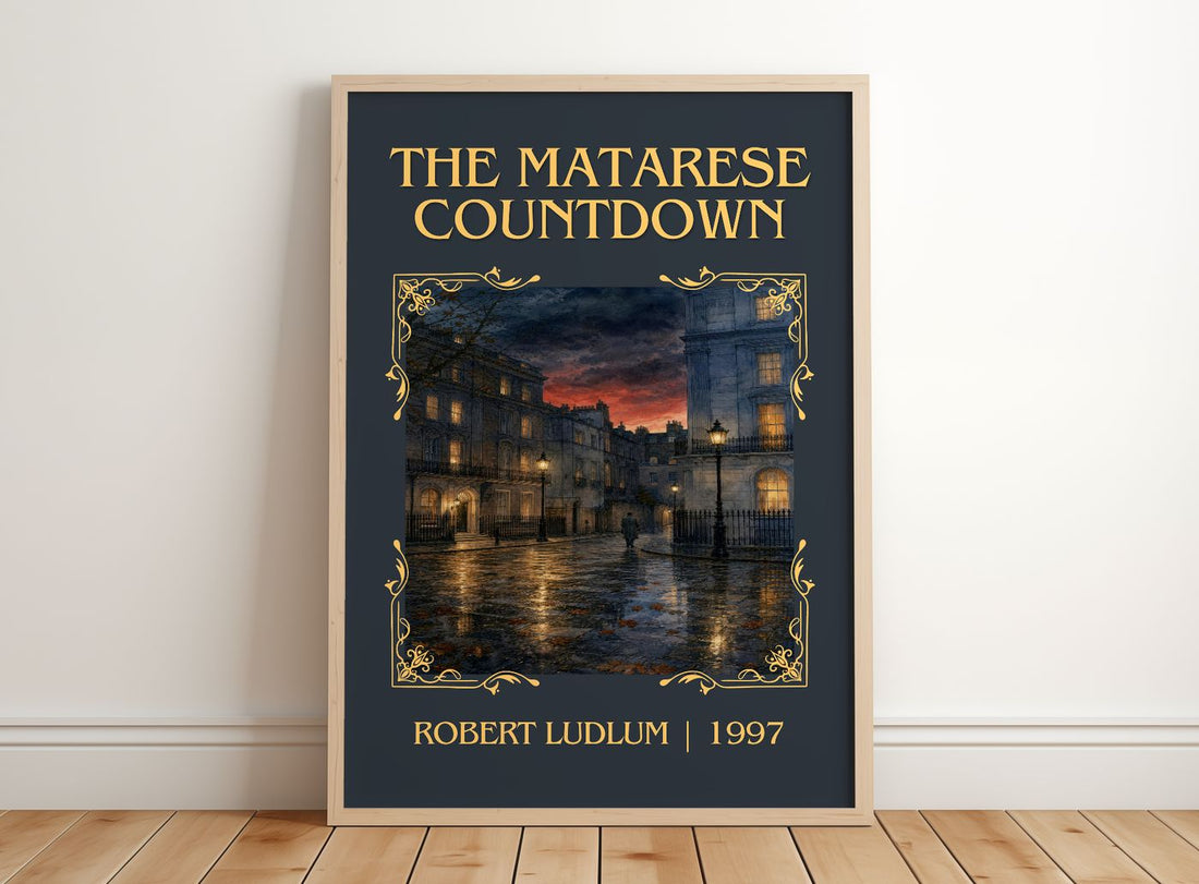 The Matarese Countdown Classic Book Art Print by Robert Ludlum – framed print leaning on a wooden floor