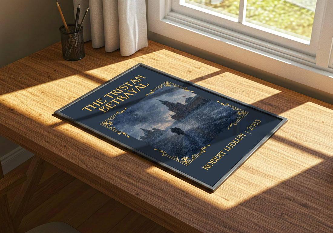 The Tristan Betrayal Classic Book Art Print by Robert Ludlum – print on a sunlit desk