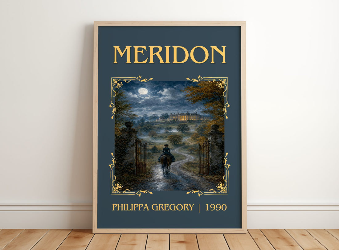 Meridon Classic Book Art Print by Philippa Gregory – framed print leaning on a wooden floor