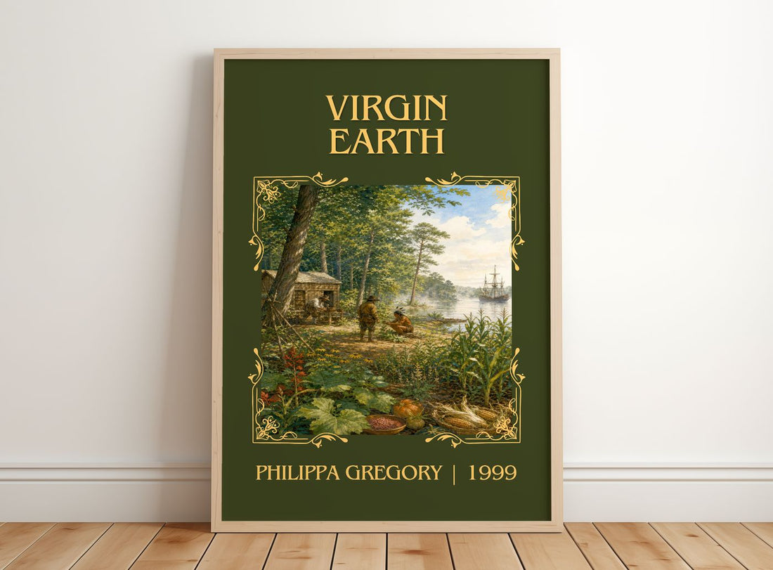 Virgin Earth Classic Book Art Print by Philippa Gregory – framed print leaning on a wooden floor